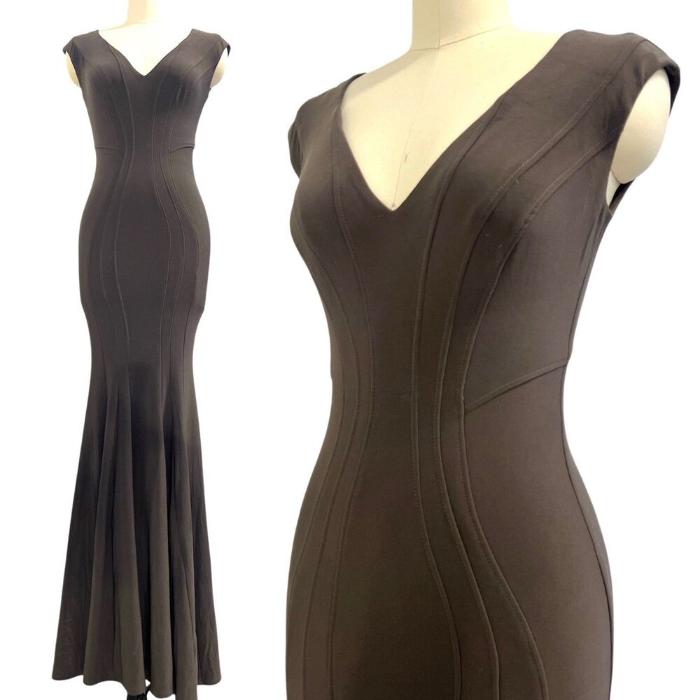 Y2K Betsy & Adam Sz 4 Mauve Gray Mermaid Maxi Dress Minimalist Corset Seam Prom
